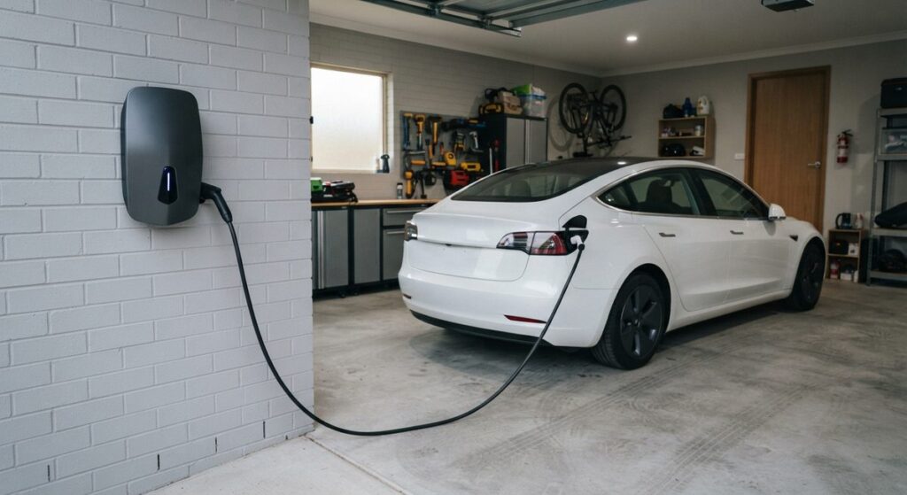 Wallbox de carga doméstica instalada en la pared de un garaje con el cable conectado a un coche eléctrico