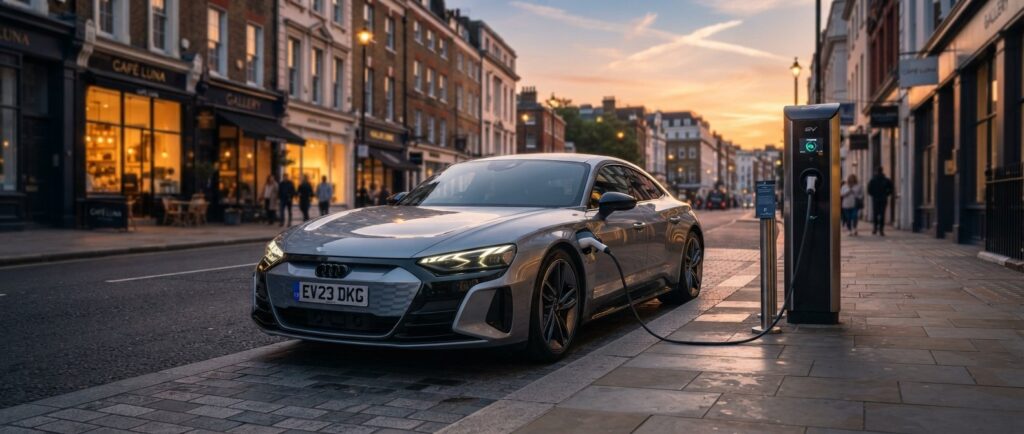 Coche eléctrico cargando en una calle urbana al atardecer
