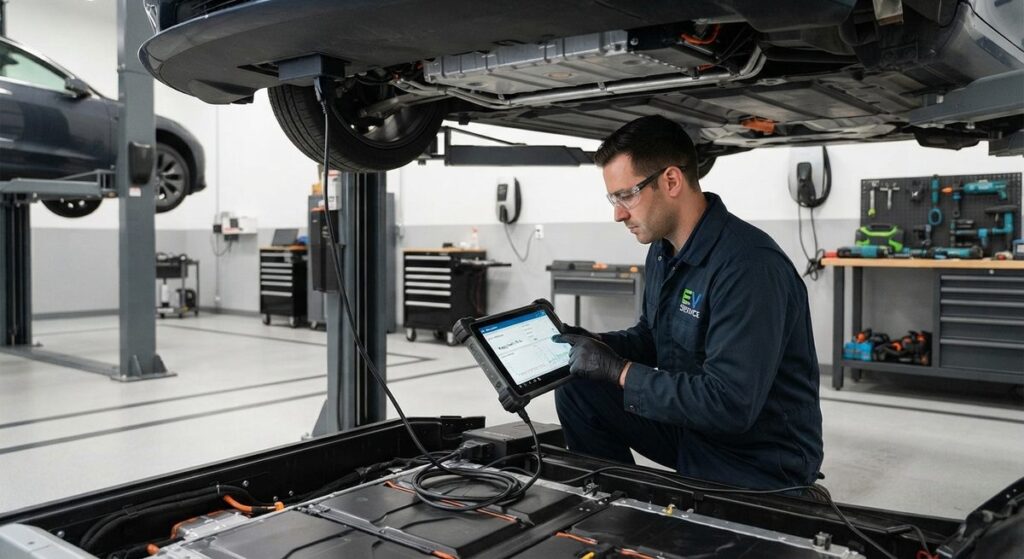 Técnico haciendo un diagnóstico electrónico de la batería de un coche eléctrico en un taller