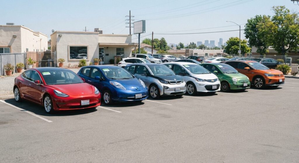 Fila de coches eléctricos usados de distintas marcas y colores aparcados en un concesionario