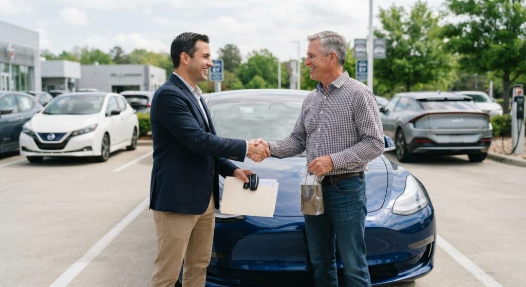 Dos personas dándose la mano frente a un coche eléctrico tras cerrar una compraventa
