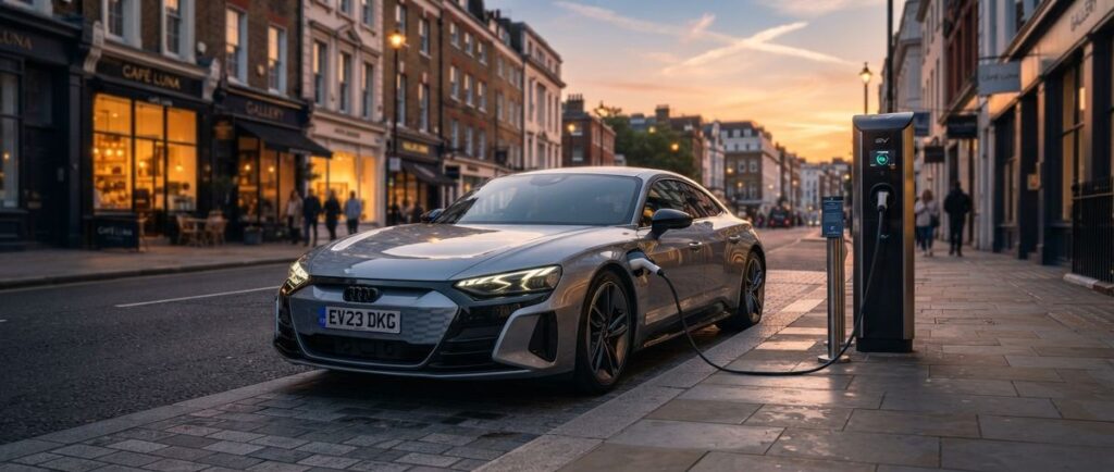 Coche eléctrico cargando en un punto de recarga urbano al atardecer