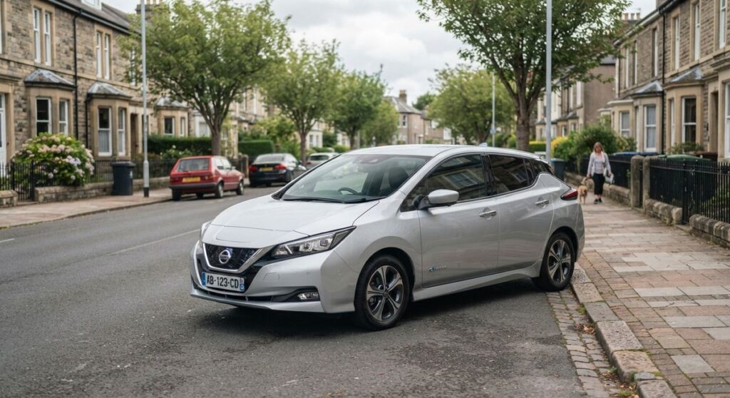 Coche eléctrico de segunda mano aparcado en una calle residencial
