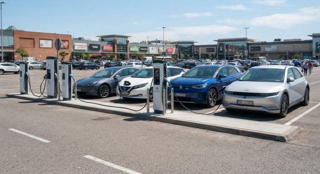 Varios coches eléctricos cargando a la vez en un aparcamiento de centro comercial