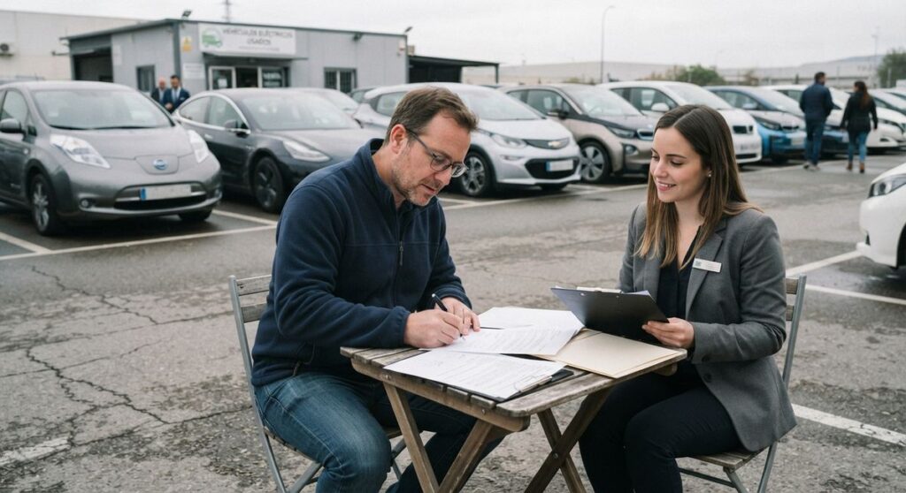 Comprador firmando el contrato de compra de un coche eléctrico de segunda mano en un concesionario