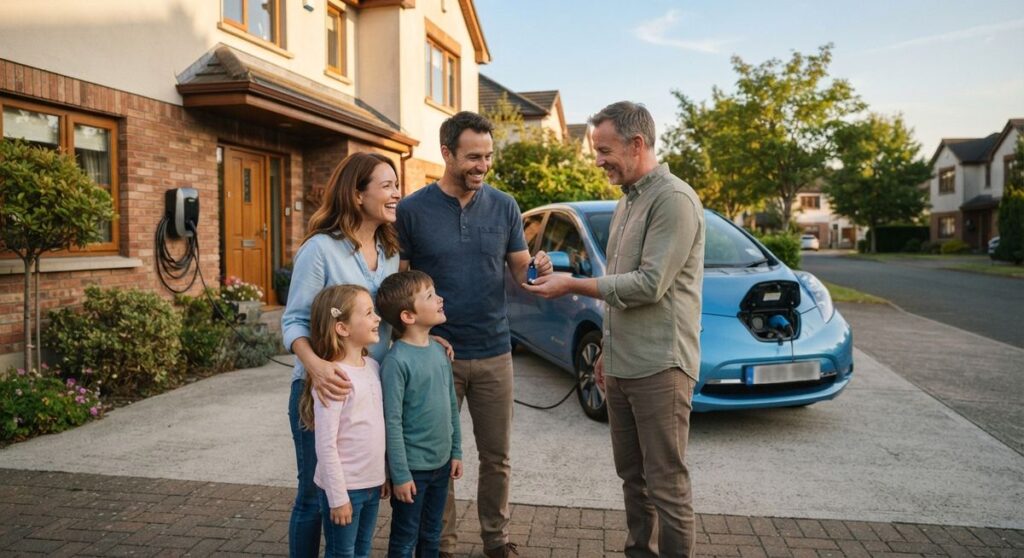 Familia recibiendo las llaves de su primer coche eléctrico de segunda mano