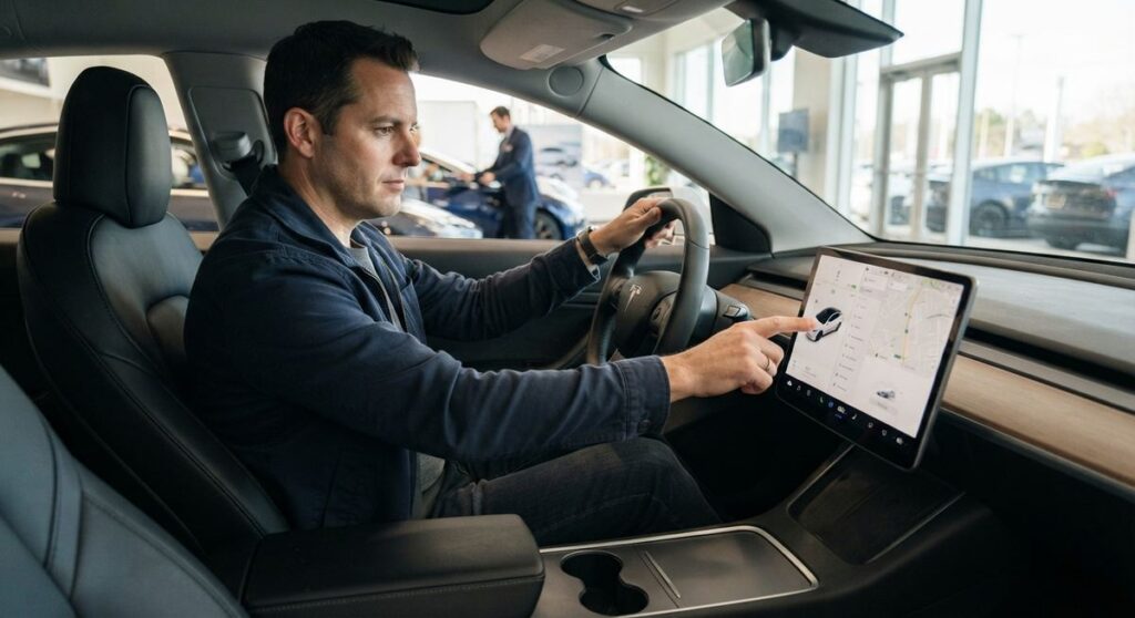 Hombre probando la pantalla táctil de un coche eléctrico en un concesionario