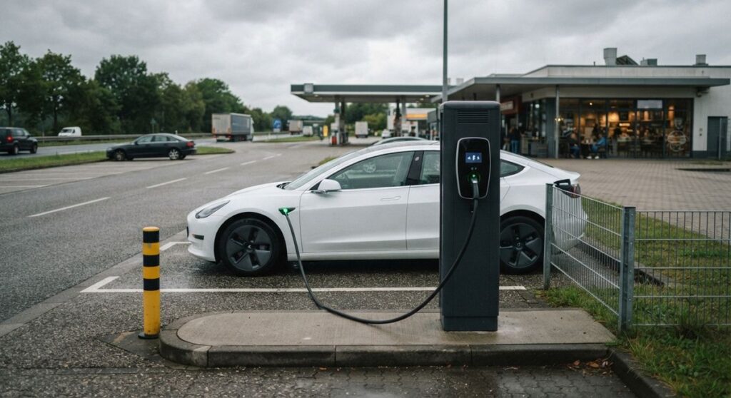Coche eléctrico cargando en un punto de carga rápida de autopista