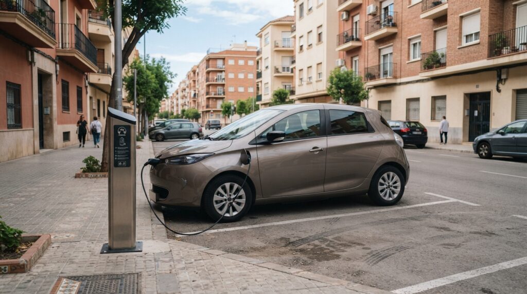 Coche electrico conectado a un poste de carga publico en una calle residencial espanola