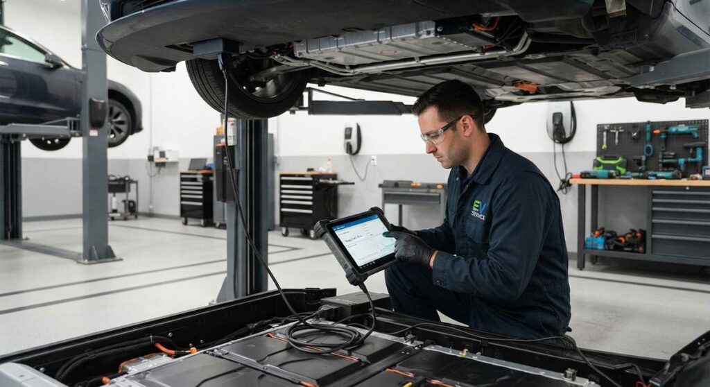 Técnico revisando la batería de un coche eléctrico elevado en el taller
