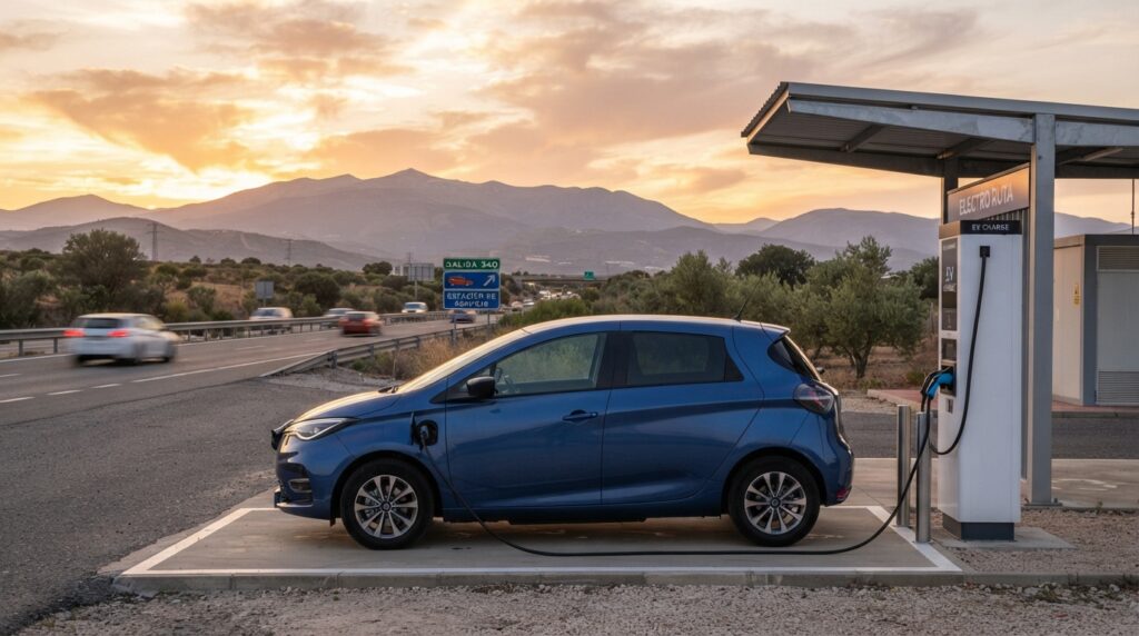 Coche eléctrico azul cargando en una estación de carga rápida junto a una autovía, al atardecer